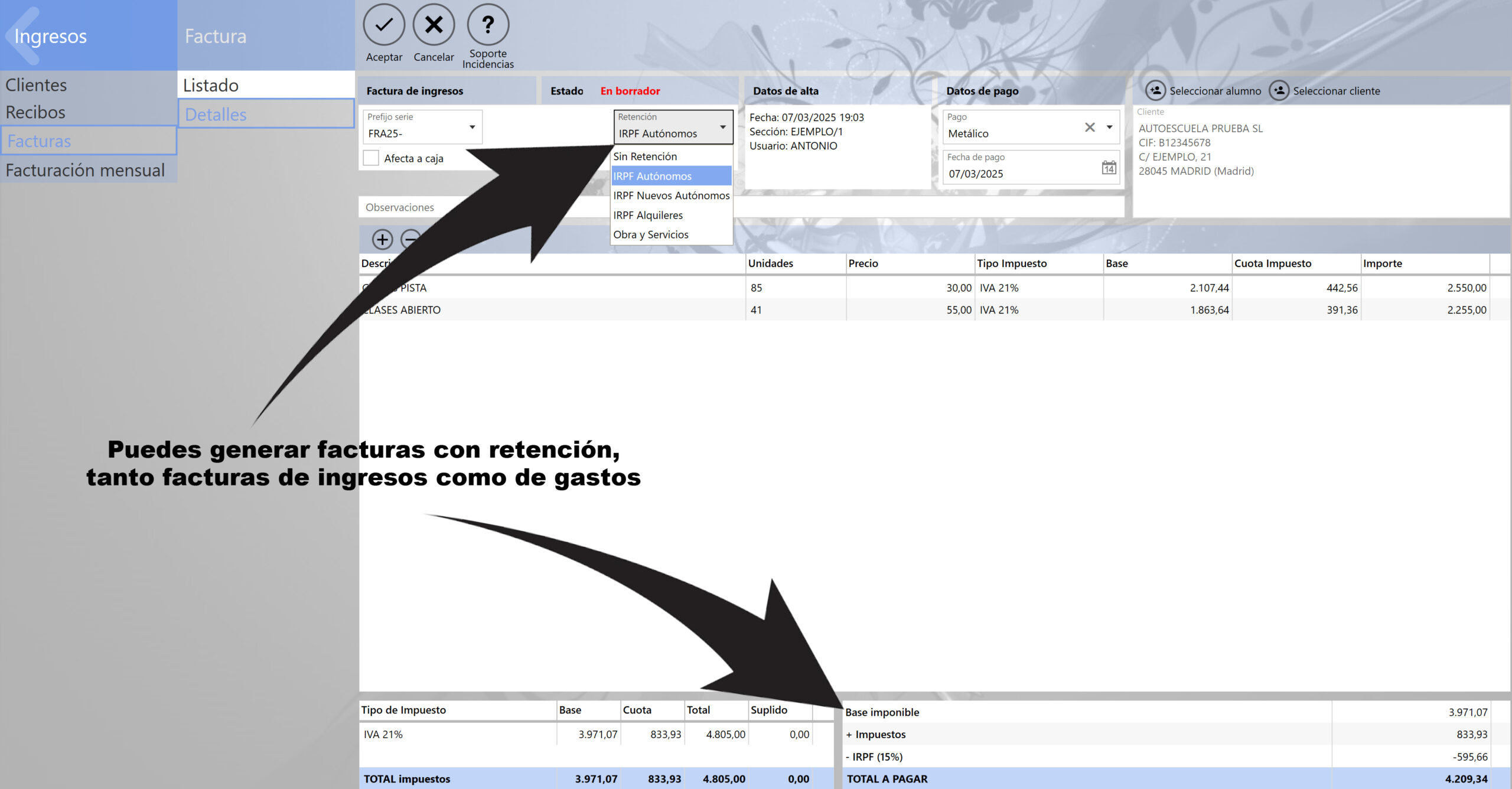 novedad retencion facturas ingresos gastos galibo